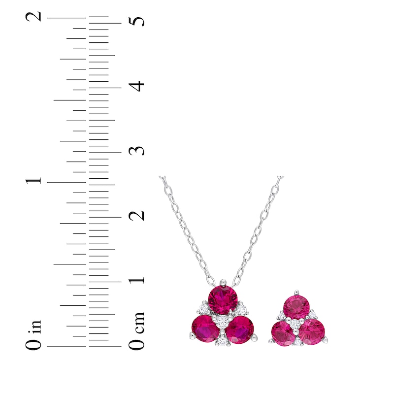 Main Image 2 of Lab-Created Ruby & White Lab-Created Sapphire Three-Stone Round Cluster Gift Set Sterling Silver