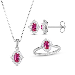 Oval-Cut Lab-Created Ruby & White Lab-Created Sapphire Scalloped Frame Gift Set Sterling Silver