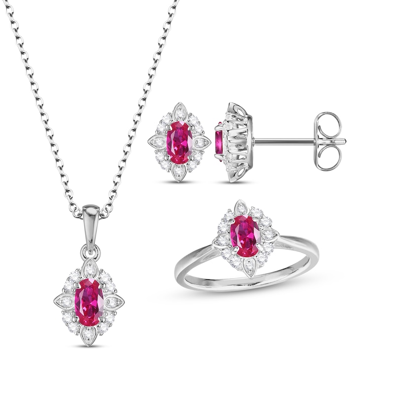 Main Image 1 of Oval-Cut Lab-Created Ruby & White Lab-Created Sapphire Scalloped Frame Gift Set Sterling Silver