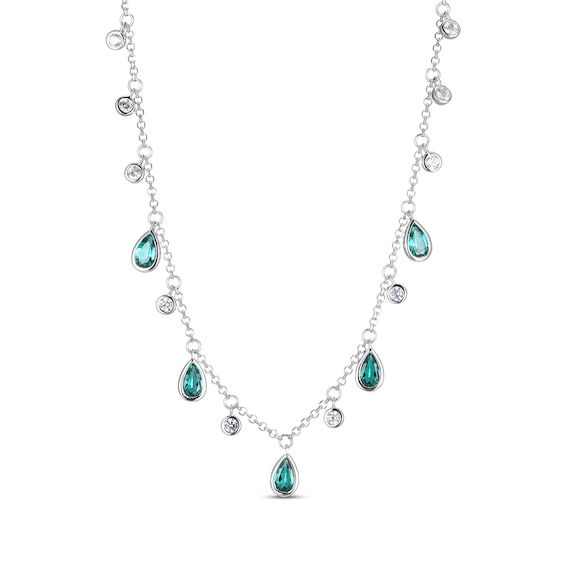 Pear-Shaped Lab-Created Emerald & White Lab-Created Sapphire Dangle Station Necklace Sterling Silver 18"