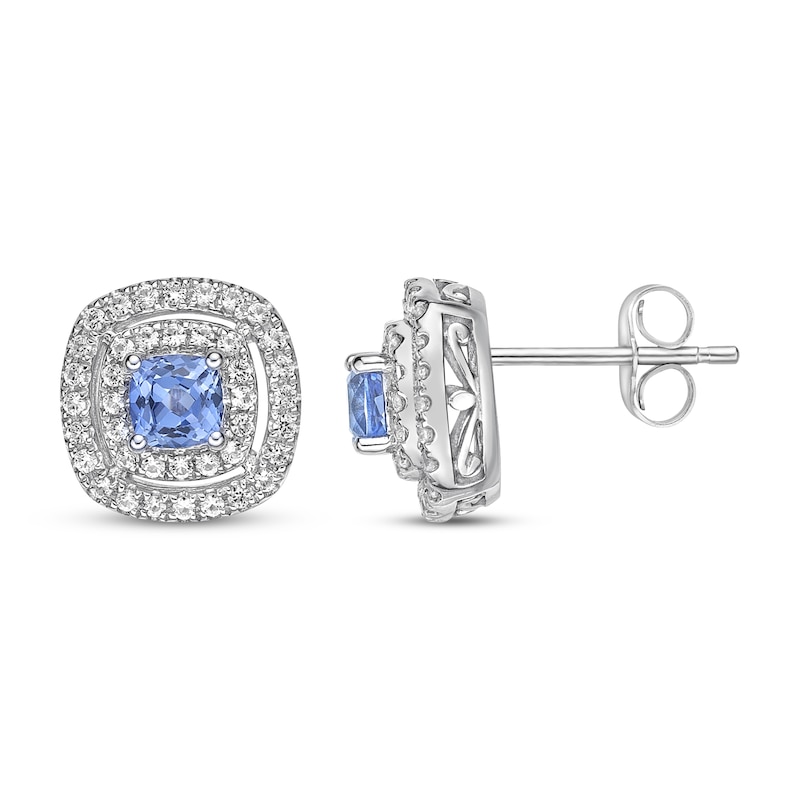 Main Image 3 of Gems of Serenity Cushion-Cut Blue & White Lab-Created Sapphire Earrings Sterling Silver