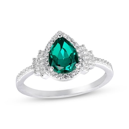 Pear-Shaped Lab-Created Emerald & White Lab-Created Sapphire Ring Sterling Silver