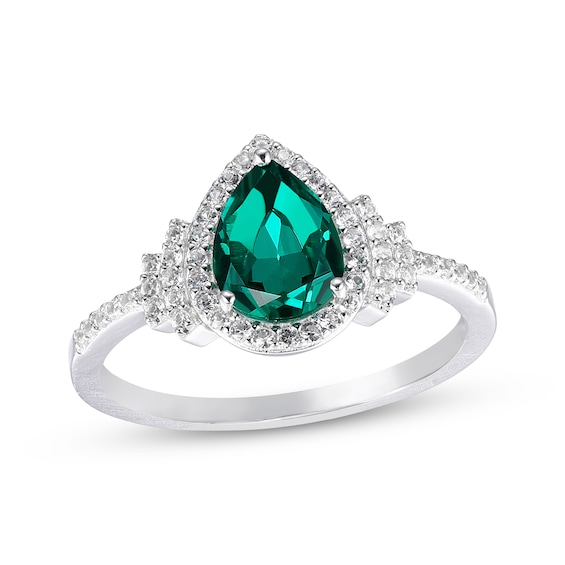 Pear-Shaped Lab-Created Emerald & White Lab-Created Sapphire Ring Sterling Silver