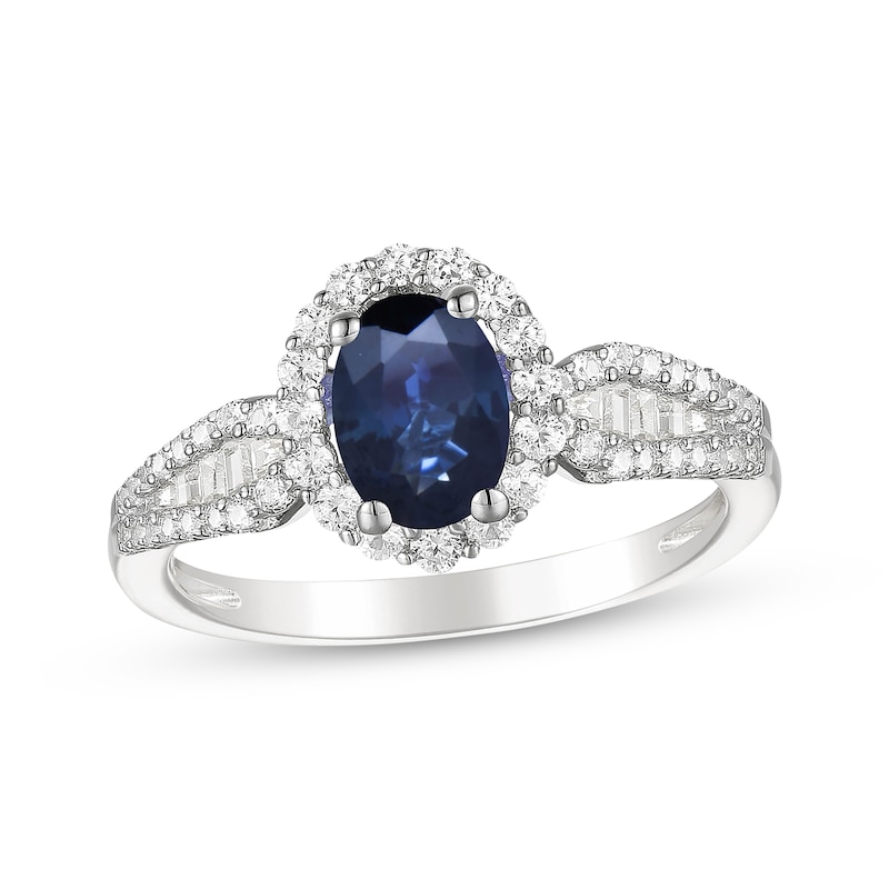 Main Image 1 of Oval-Cut Blue Sapphire & Diamond Ring 3/8 ct tw 10K White Gold