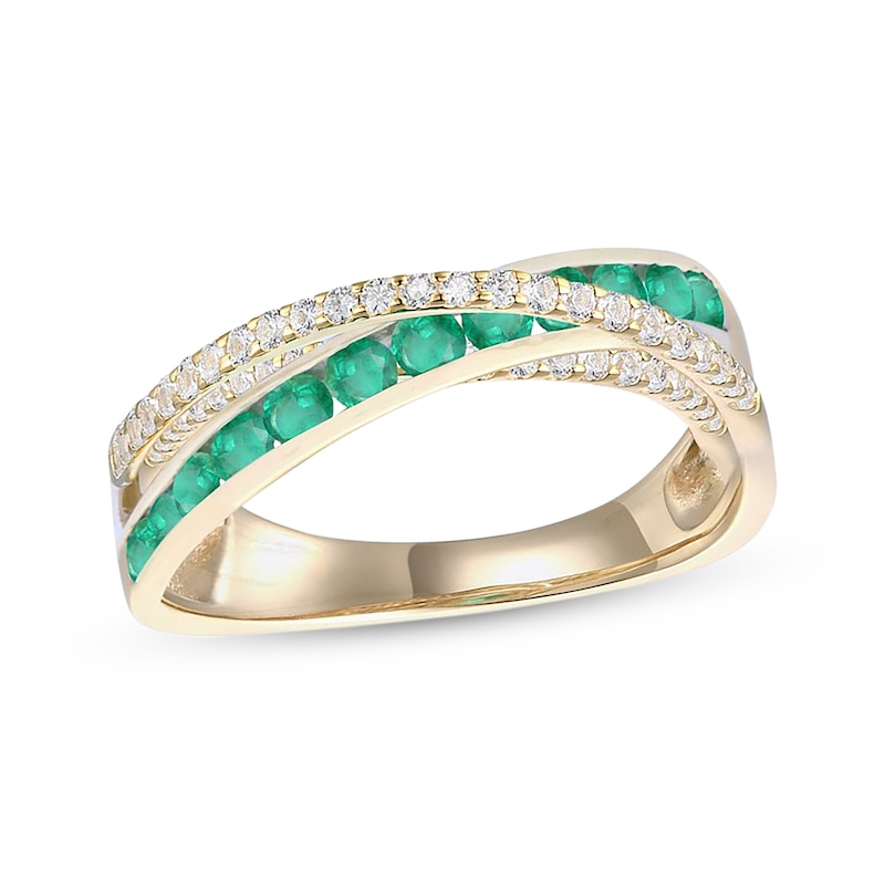 Main Image 1 of Round-Cut Emerald & Diamond Crossover Ring 1/4 ct tw 10K Yellow Gold