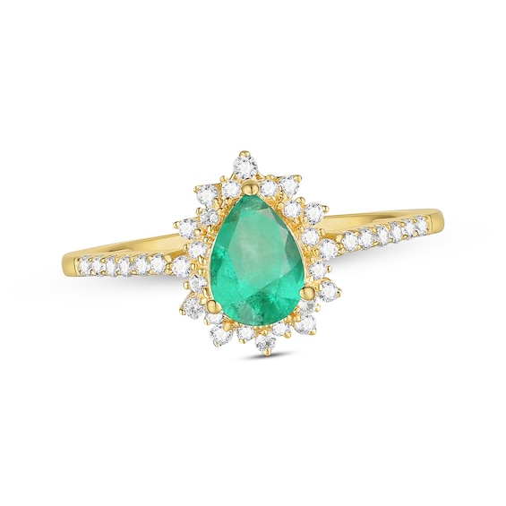 Pear-Shaped Emerald & Round-Cut Diamond Ring 1/5 ct tw 10K Yellow Gold