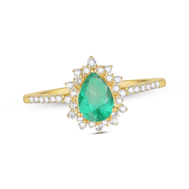 Main Image 1 of Pear-Shaped Emerald & Round-Cut Diamond Ring 1/5 ct tw 10K Yellow Gold