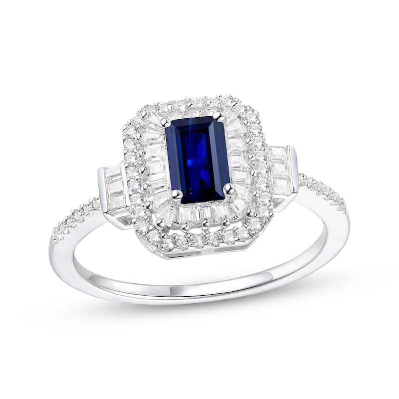 Main Image 1 of Emerald-Cut Blue Sapphire & Diamond Ring 1/3 ct tw 10K White Gold