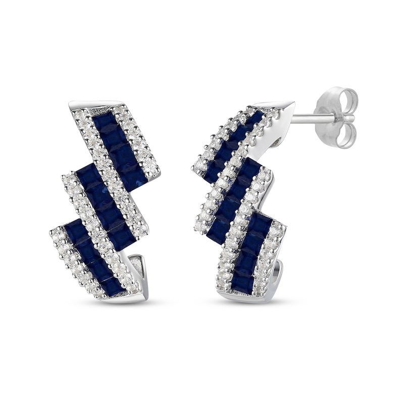 Main Image 1 of Square-Shaped Blue Sapphire & Round-Cut Diamond Drop Earrings 1/4 ct tw 10K White Gold