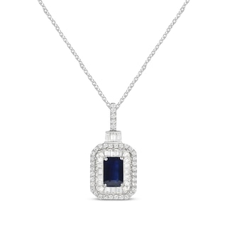 Emerald-Cut Blue Sapphire & Diamond Necklace 1/3 ct tw 10K White Gold ...