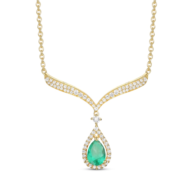 Main Image 1 of Pear-Shaped Emerald & Diamond Drop Necklace 1/3 ct tw 10K Yellow Gold 18”