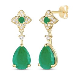 Pear-Shaped Emerald & Diamond Drop Earrings 1/10 ct tw 10K Yellow Gold