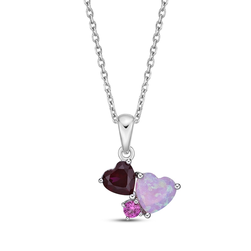 Main Image 1 of Heart-Shaped Lab-Created Ruby & Pink Lab-Created Opal, Round-Cut Pink Lab-Created Sapphire Necklace Sterling Silver 18”