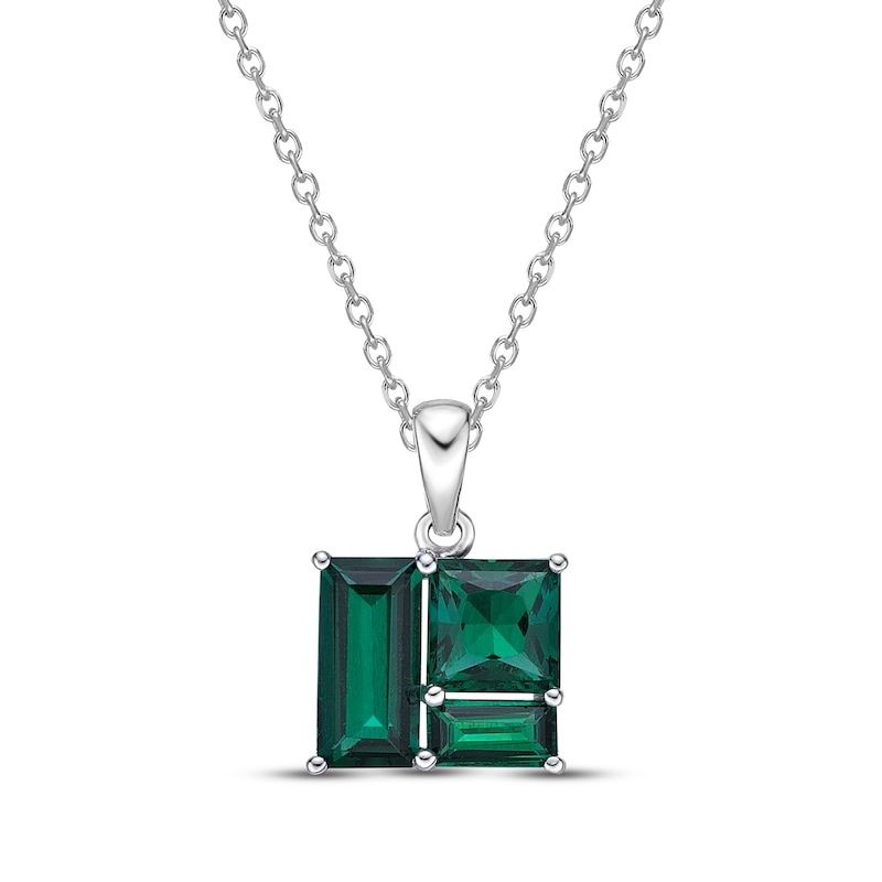 Main Image 1 of Baguette & Square-Cut Lab-Created Emerald Necklace Sterling Silver 18”