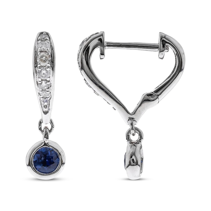 Main Image 1 of Round-Cut Blue Sapphire & Diamond Drop Hoop Earrings 1/10 ct tw 10K White Gold