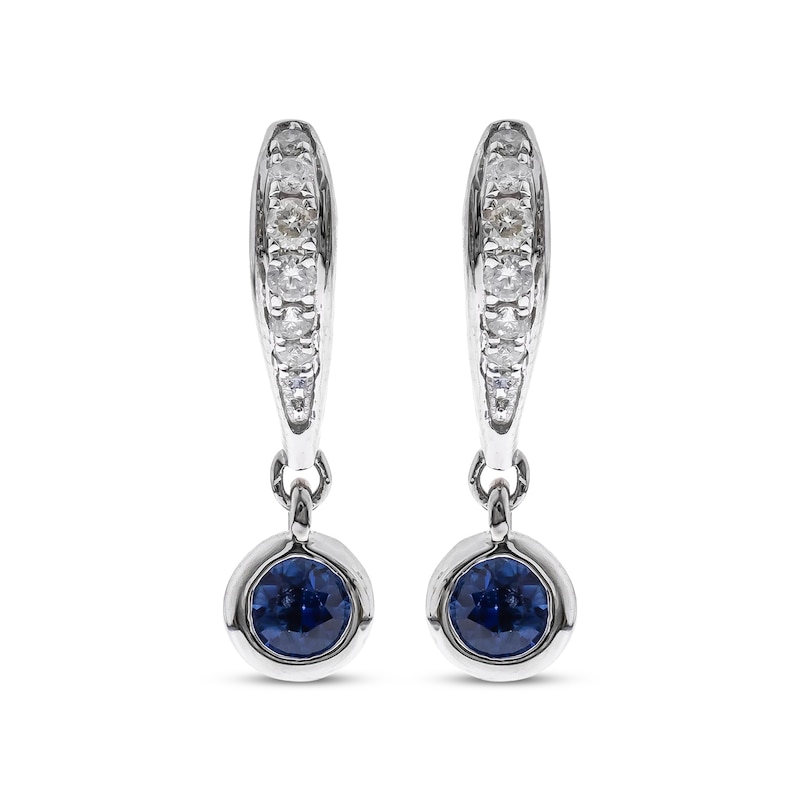 Main Image 2 of Round-Cut Blue Sapphire & Diamond Drop Hoop Earrings 1/10 ct tw 10K White Gold