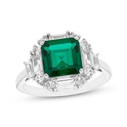 Octagon-Cut Lab-Created Emerald, Baguette & Round-Cut White Lab-Created Sapphire Ring Sterling Silver