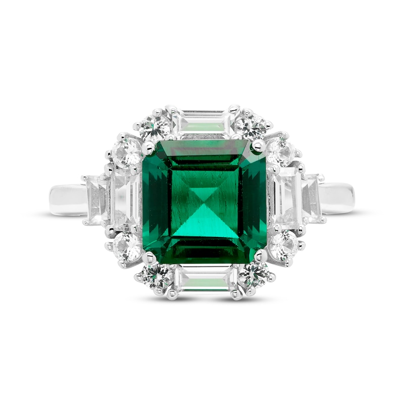 Main Image 3 of Octagon-Cut Lab-Created Emerald, Baguette & Round-Cut White Lab-Created Sapphire Ring Sterling Silver