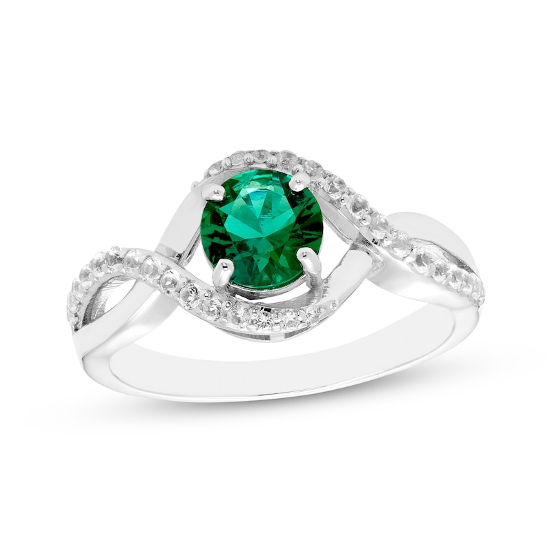 Main Image 1 of Round-Cut Lab-Created Emerald & White Lab-Created Sapphire Ring Sterling Silver