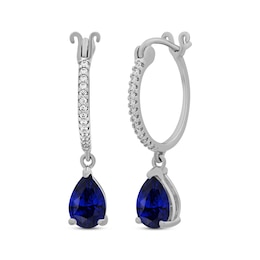 Pear-Shaped Blue Sapphire & Round-Cut Diamond Drop Hoop Earrings 1/10 ct tw 10K White Gold