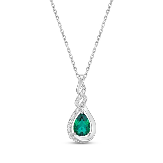 Pear-Shaped Lab-Created Emerald & Round-Cut White Lab-Created Sapphire Teardrop Necklace Sterling Silver 18”