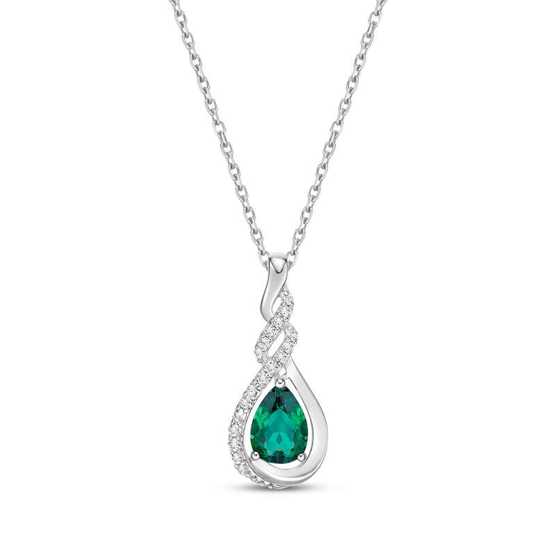 Main Image 1 of Pear-Shaped Lab-Created Emerald & Round-Cut White Lab-Created Sapphire Teardrop Necklace Sterling Silver 18”