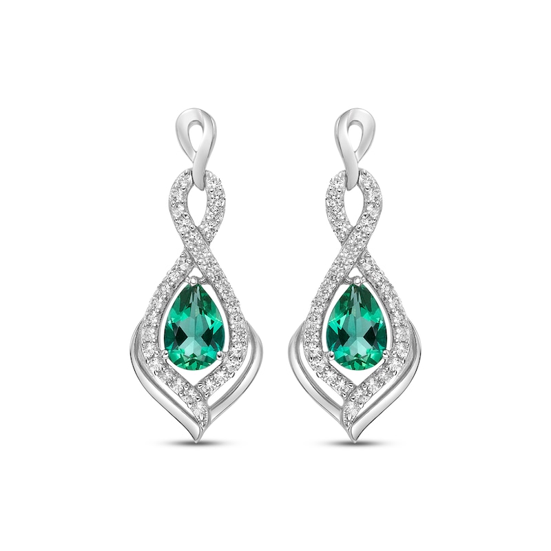 Main Image 2 of Pear-Shaped Lab-Created Emerald & Round-Cut White Lab-Created Sapphire Dangle Earrings Sterling Silver