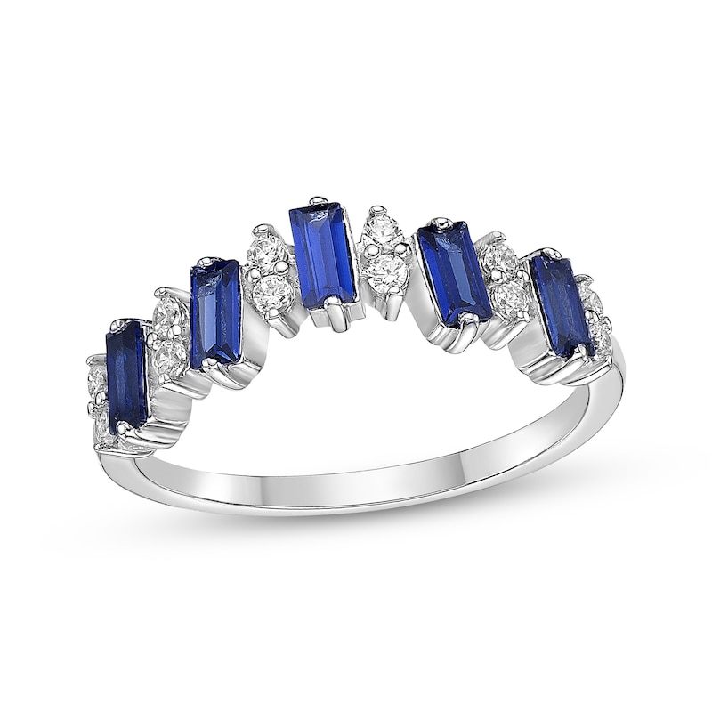 Main Image 1 of Rectangle-Cut Blue Lab-Created Sapphire & Round-Cut White Lab-Created Sapphire Ring Sterling Silver