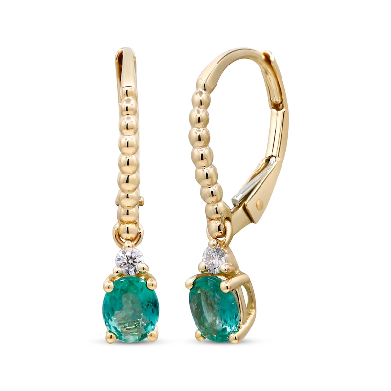 Main Image 1 of Oval-Cut Emerald & Diamond Beaded Dangle Earrings 1/15 ct tw 10K Yellow Gold