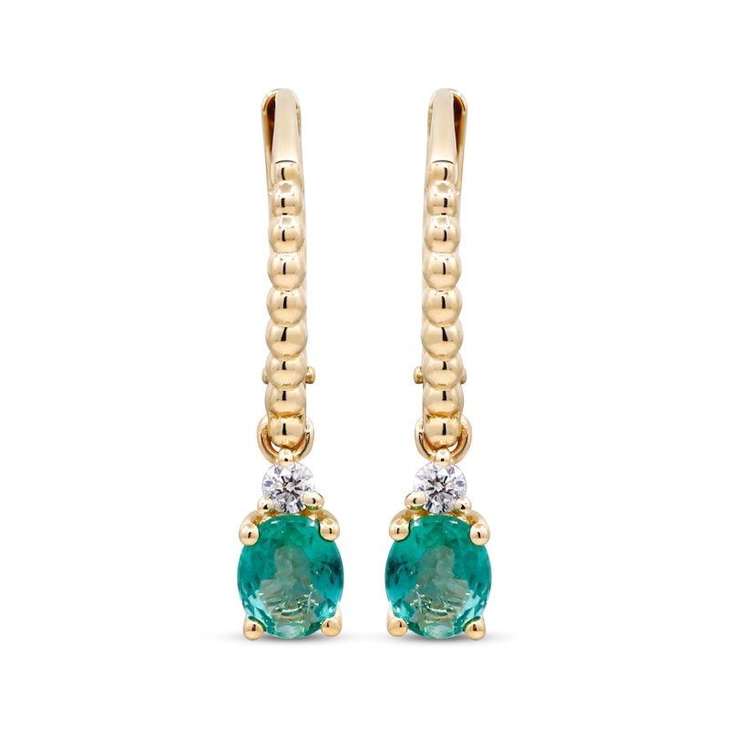 Main Image 2 of Oval-Cut Emerald & Diamond Beaded Dangle Earrings 1/15 ct tw 10K Yellow Gold