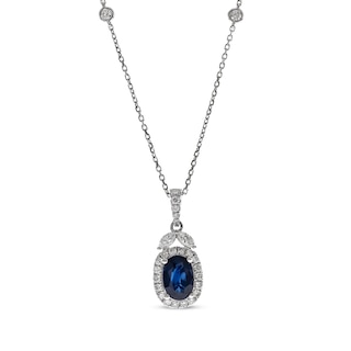 Oval-Shaped Blue Sapphire & Diamond Necklace 1/2 ct tw 14K White Gold ...