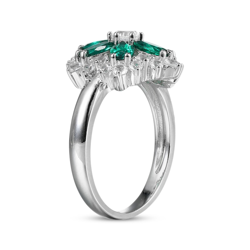 Oval-Cut Lab-Created Emerald & White Lab-Created Sapphire Flower Ring Sterling Silver