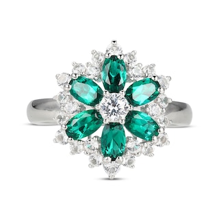 Oval-Cut Lab-Created Emerald & White Lab-Created Sapphire Flower Ring ...