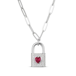 Heart-Shaped Lab-Created Ruby & White Lab-Created Sapphire Lock Necklace Sterling Silver 19&quot;