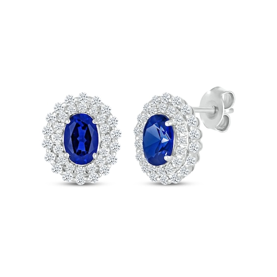 Oval-Cut Blue Lab-Created Sapphire & White Lab-Created Sapphire Halo Stud Earrings Sterling Silver