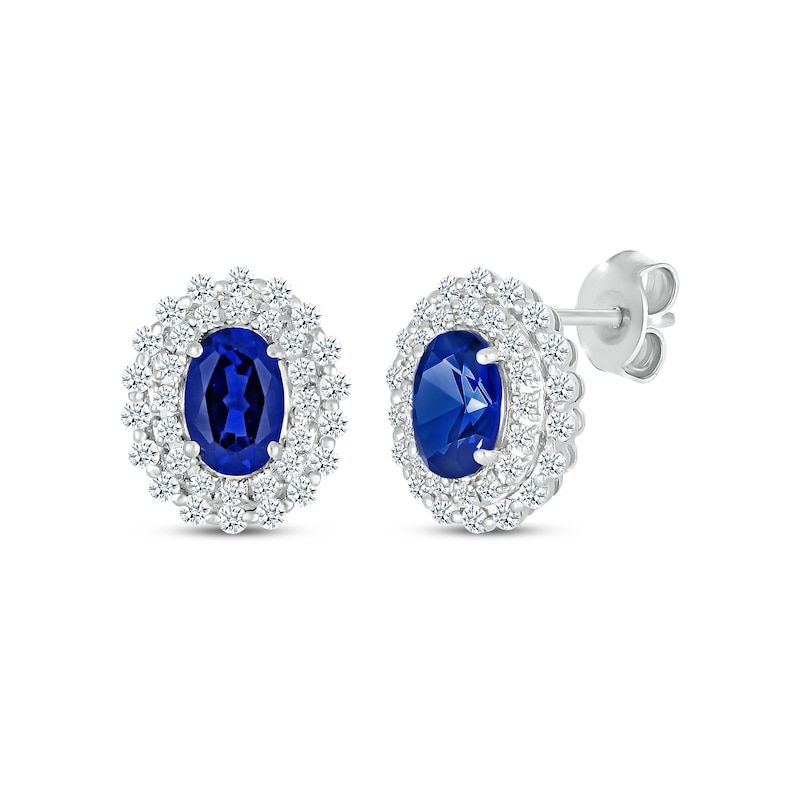 Main Image 1 of Oval-Cut Blue Lab-Created Sapphire & White Lab-Created Sapphire Halo Stud Earrings Sterling Silver