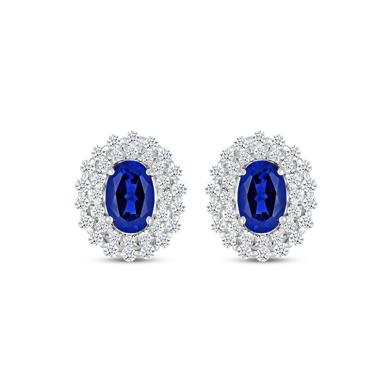 Main Image 2 of Oval-Cut Blue Lab-Created Sapphire & White Lab-Created Sapphire Halo Stud Earrings Sterling Silver