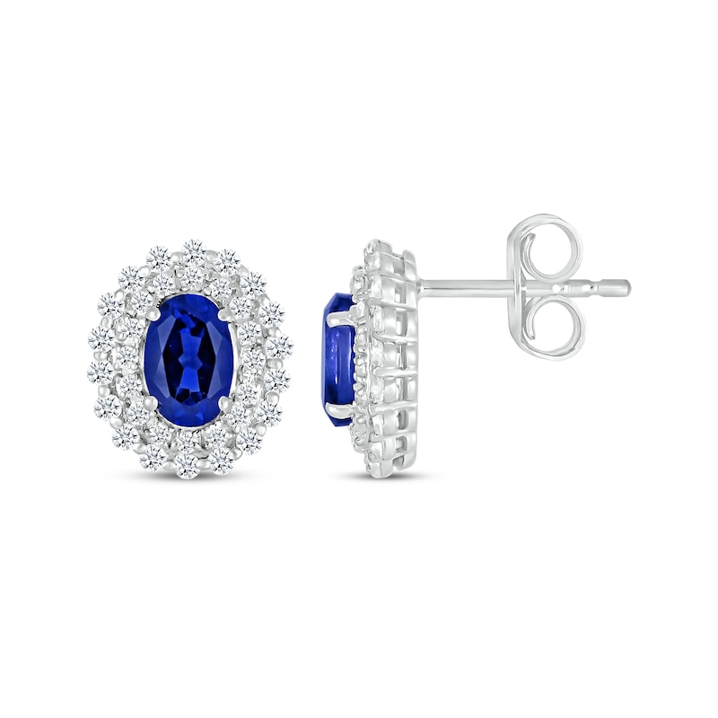 Main Image 3 of Oval-Cut Blue Lab-Created Sapphire & White Lab-Created Sapphire Halo Stud Earrings Sterling Silver