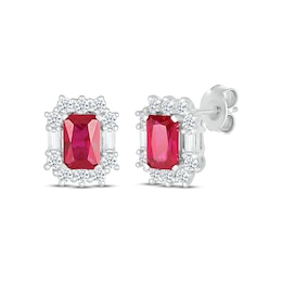 Emerald-Cut Lab-Created Ruby & White Lab-Created Sapphire Frame Stud Earrings Sterling Silver