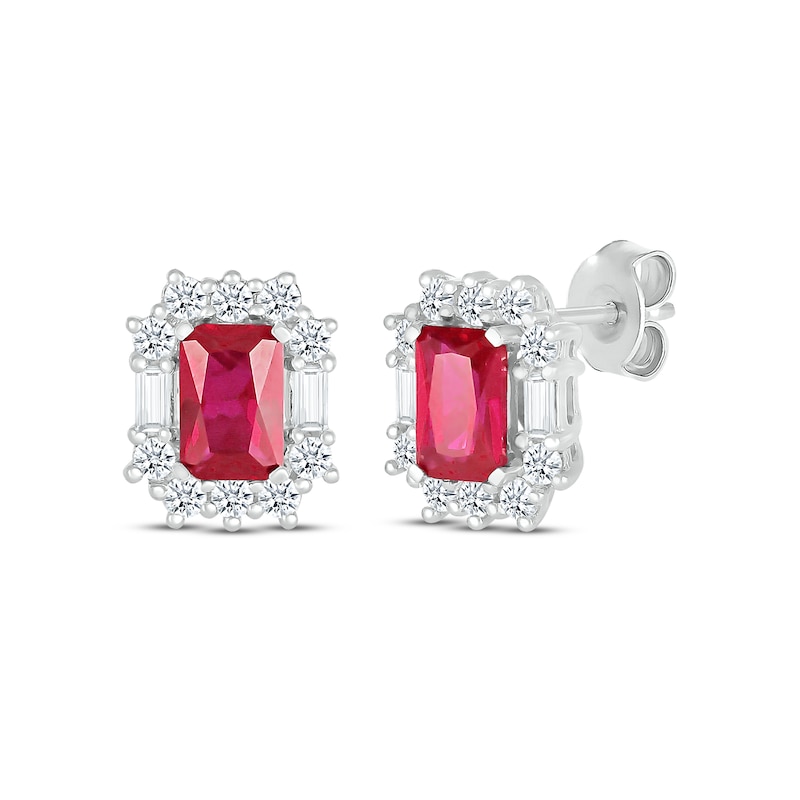 Main Image 1 of Emerald-Cut Lab-Created Ruby & White Lab-Created Sapphire Frame Stud Earrings Sterling Silver