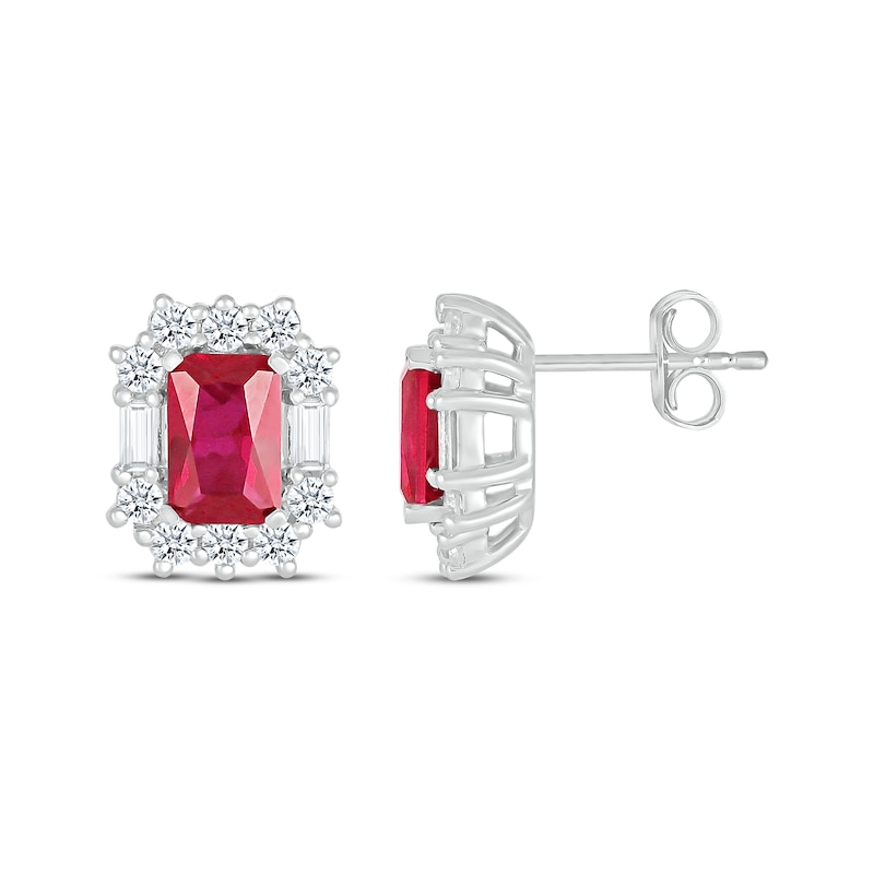 Main Image 3 of Emerald-Cut Lab-Created Ruby & White Lab-Created Sapphire Frame Stud Earrings Sterling Silver