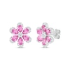 Thumbnail Image 1 of Pear-Shaped Pink Lab-Created Sapphire & White Lab-Created Sapphire Flower Stud Earrings Sterling Silver