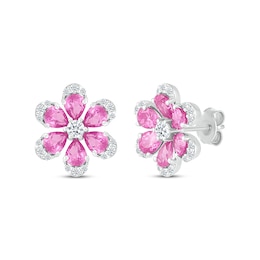 Pear-Shaped Pink Lab-Created Sapphire & White Lab-Created Sapphire Flower Stud Earrings Sterling Silver