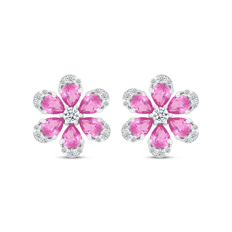 Main Image 2 of Pear-Shaped Pink Lab-Created Sapphire & White Lab-Created Sapphire Flower Stud Earrings Sterling Silver