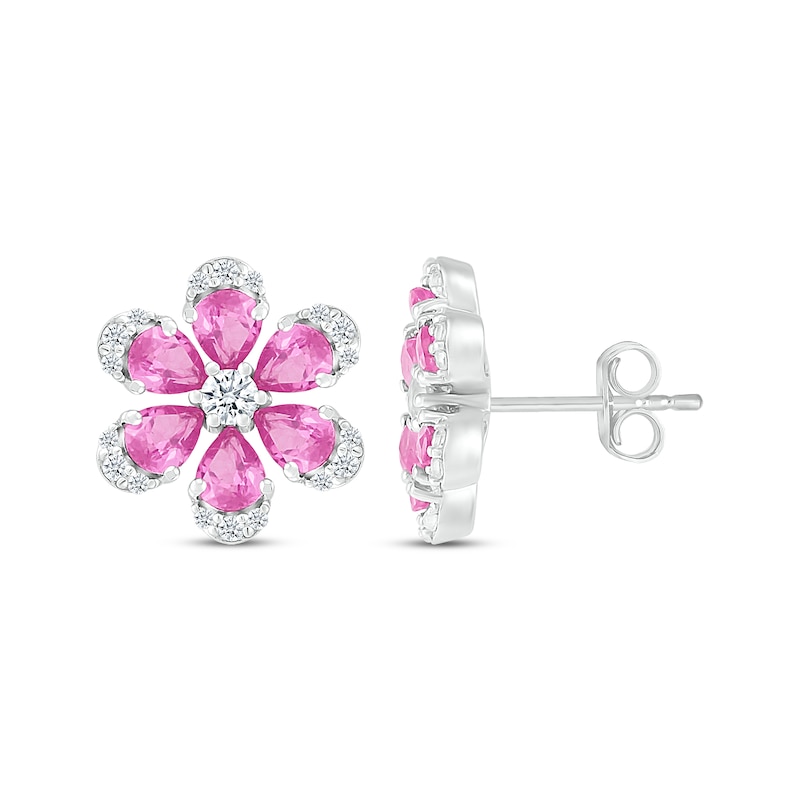 Main Image 3 of Pear-Shaped Pink Lab-Created Sapphire & White Lab-Created Sapphire Flower Stud Earrings Sterling Silver