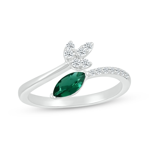 Marquise-Cut Lab-Created Emerald & White Lab-Created Sapphire Bypass Ring Sterling Silver