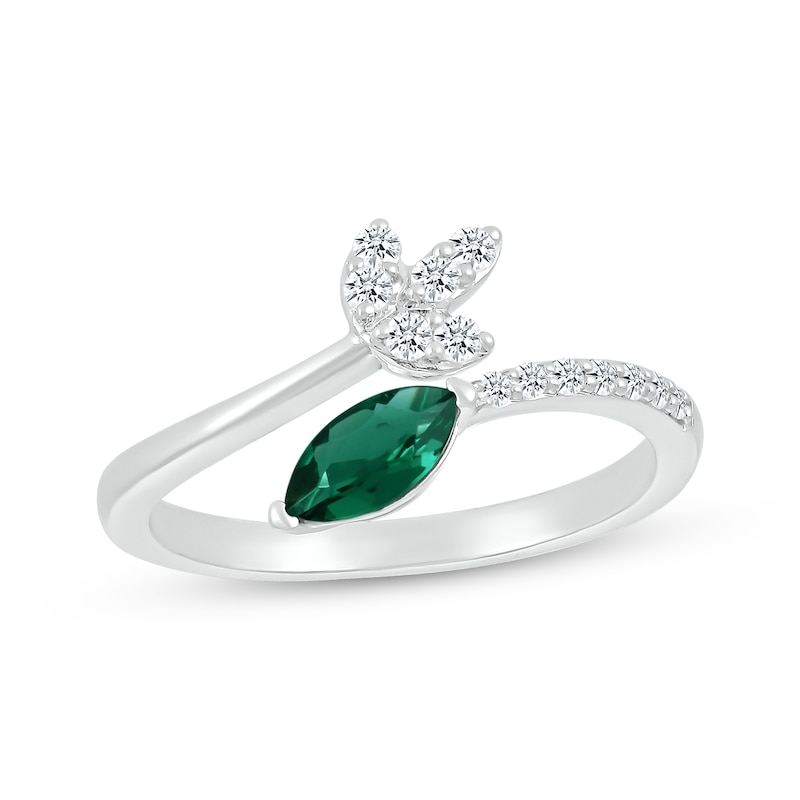 Main Image 1 of Marquise-Cut Lab-Created Emerald & White Lab-Created Sapphire Bypass Ring Sterling Silver