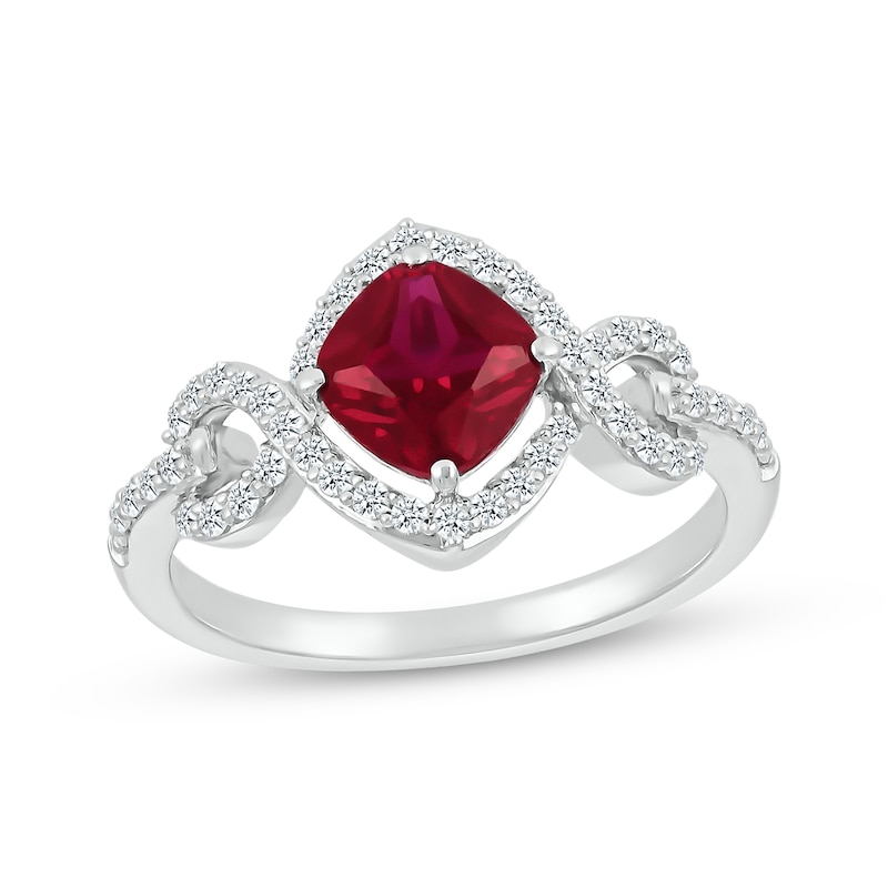 Main Image 1 of Cushion-Cut Lab-Created Ruby & Diamond 1/4 ct tw Twist Ring Sterling Silver