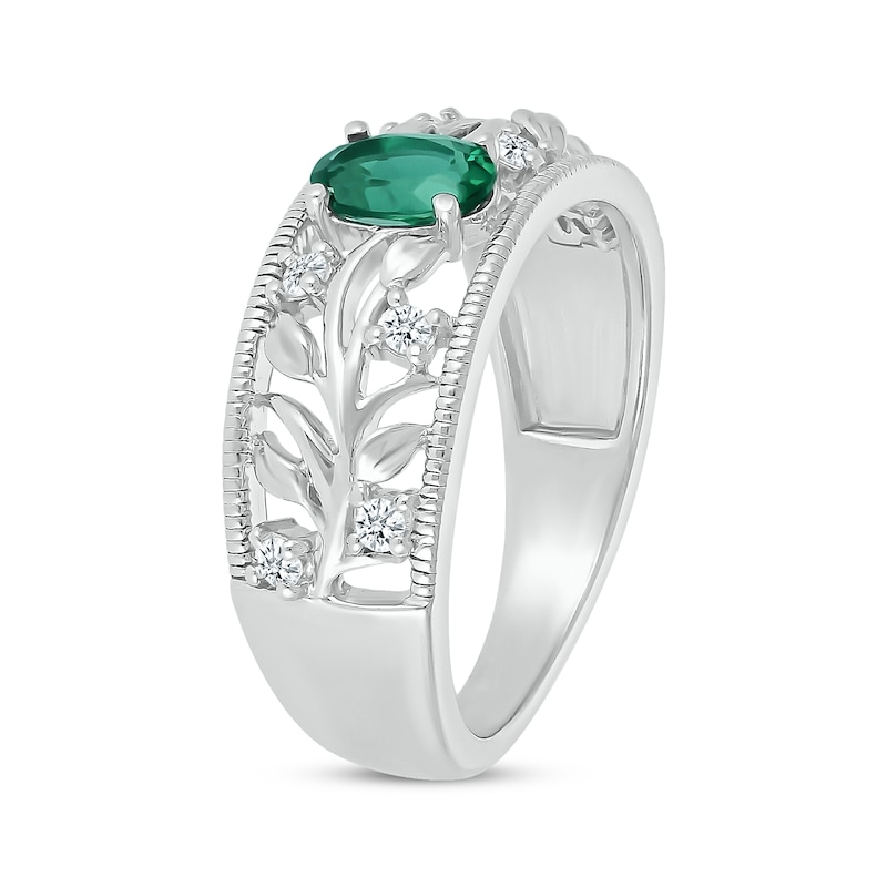 Oval-Cut Lab-Created Emerald & White Lab-Created Sapphire Filigree Ring Sterling Silver