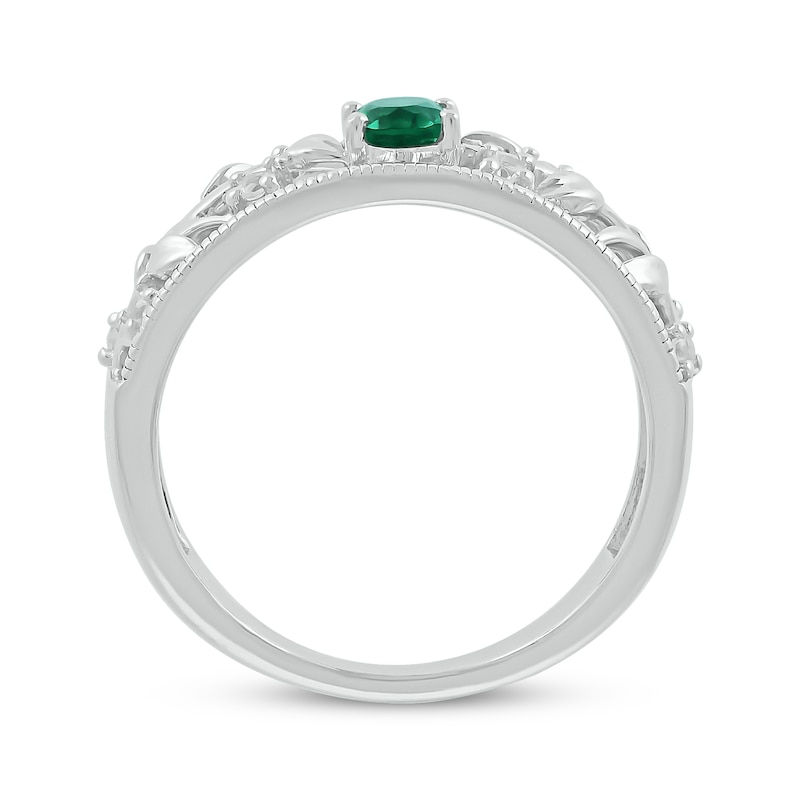 Oval-Cut Lab-Created Emerald & White Lab-Created Sapphire Filigree Ring Sterling Silver